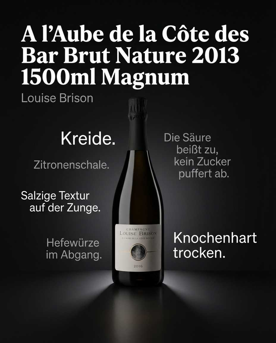 A l’Aube de la Côte des Bar Brut Nature 2013 1500ml Magnum — Kreide. Zitronenschale. Die Säure beißt zu, kein Zucker puffert ab. Salzige Textur auf der Zunge. Hefewürze im Abgang. Knochenhart trocken.