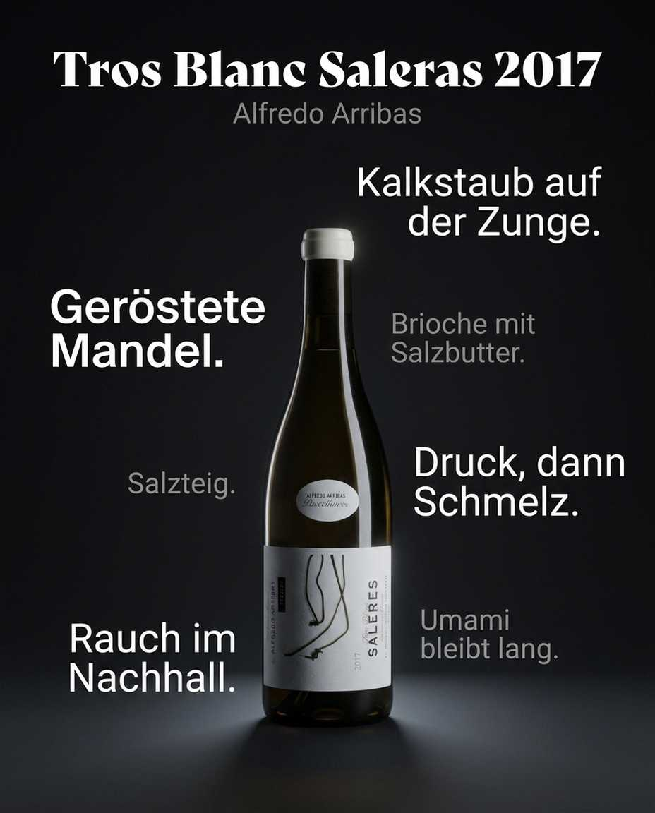 Tros Blanc Saleras 2017 — Geröstete Mandel. Salzteig. Kalkstaub auf der Zunge. Brioche mit Salzbutter. Druck, dann Schmelz. Rauch im Nachhall. Umami bleibt lang.