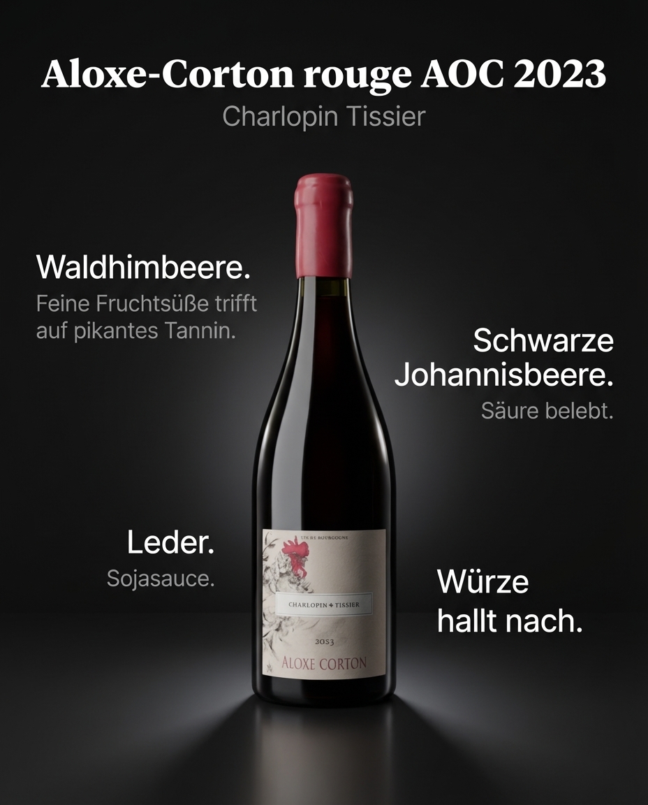 Aloxe-Corton rouge AOC 2023 — Waldhimbeere. Schwarze Johannisbeere. Leder. Sojasauce. Feine Fruchtsüße trifft auf pikantes Tannin. Säure belebt. Würze hallt nach.