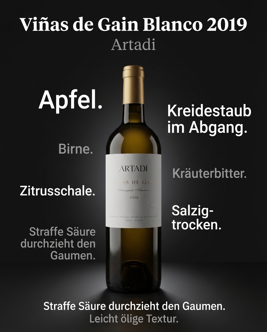 Viñas de Gain Blanco 2019 — Apfel. Birne. Zitrusschale. Straffe Säure durchzieht den Gaumen. Leicht ölige Textur. Kreidestaub im Abgang. Kräuterbitter. Salzig-trocken.
