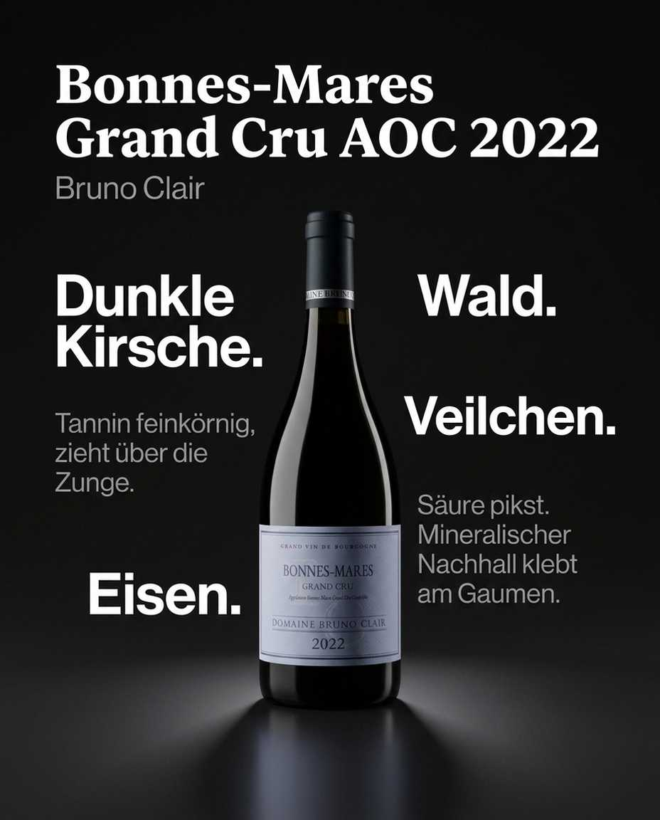 Bonnes-Mares Grand Cru AOC 2022 — Dunkle Kirsche. Wald. Tannin feinkörnig, zieht über die Zunge. Säure pikst. Mineralischer Nachhall klebt am Gaumen. Veilchen. Eisen.