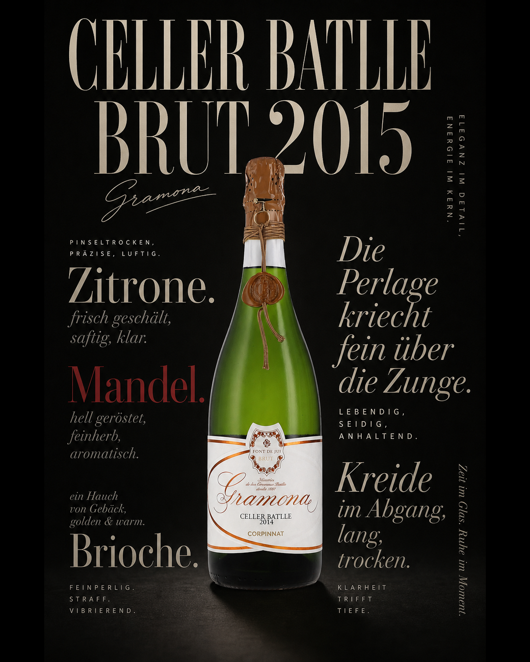 Celler Batlle Brut 2015 — Zitrone. Mandel. Brioche. Die Perlage kriecht fein über die Zunge. Kreide im Abgang, lang, trocken.
