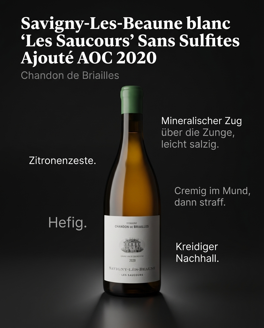 Savigny-Les-Beaune blanc "Les Saucours" Sans Sulfites Ajouté AOC 2020 — Zitronenzeste. Hefig. Mineralischer Zug über die Zunge, leicht salzig. Cremig im Mund, dann straff. Kreidiger Nachhall.