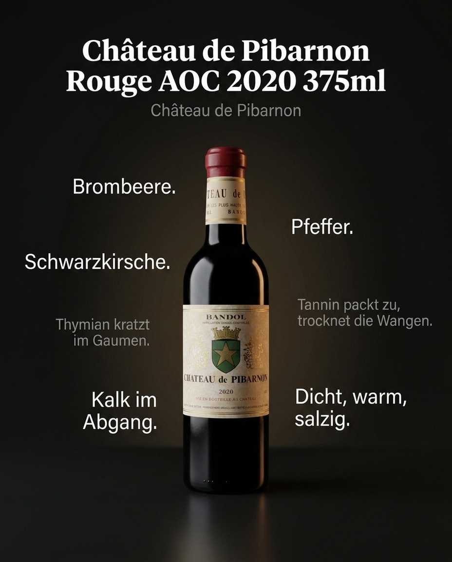 Château de Pibarnon Rouge AOC 2020 375ml — Brombeere. Schwarzkirsche. Thymian kratzt im Gaumen. Tannin packt zu, trocknet die Wangen. Pfeffer. Kalk im Abgang. Dicht, warm, salzig.