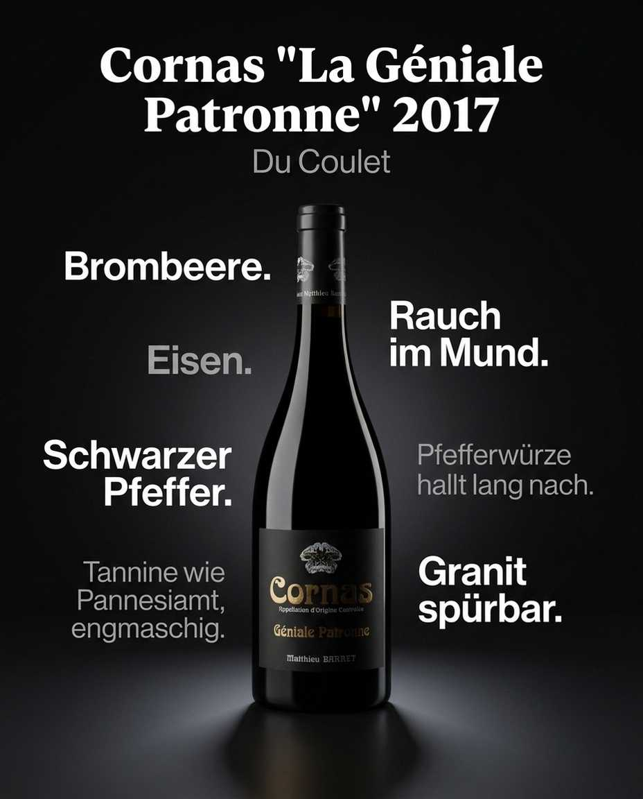 Cornas "La Géniale Patronne" 2017 — Brombeere. Eisen. Schwarzer Pfeffer. Tannine wie Pannesamt, engmaschig. Rauch im Mund. Pfefferwürze hallt lang nach. Granit spürbar.