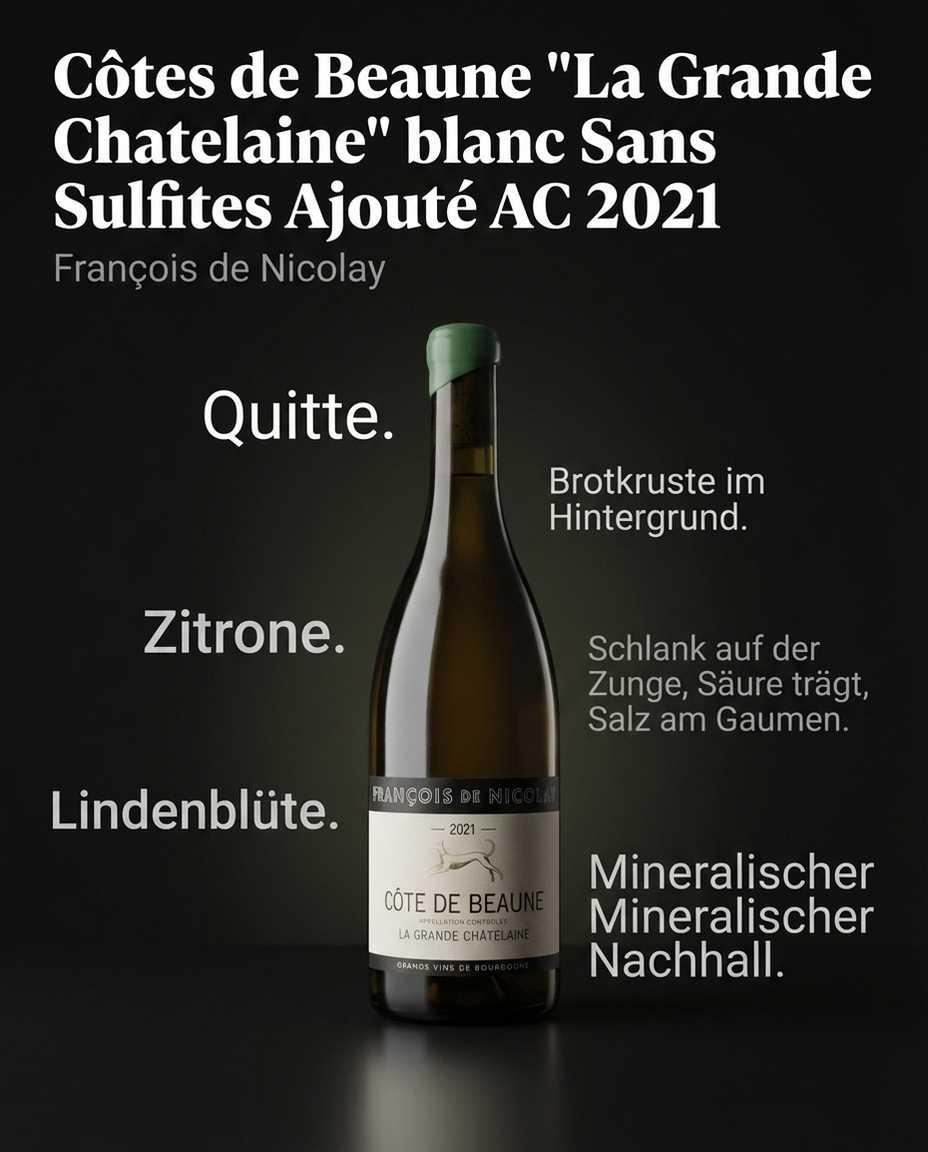 Côtes de Beaune "La Grande Chatelaine" blanc Sans Sulfites Ajouté AC 2021 — Quitte. Zitrone. Lindenblüte. Brotkruste im Hintergrund. Schlank auf der Zunge, Säure trägt, Salz am Gaumen. Mineralischer Nachhall.