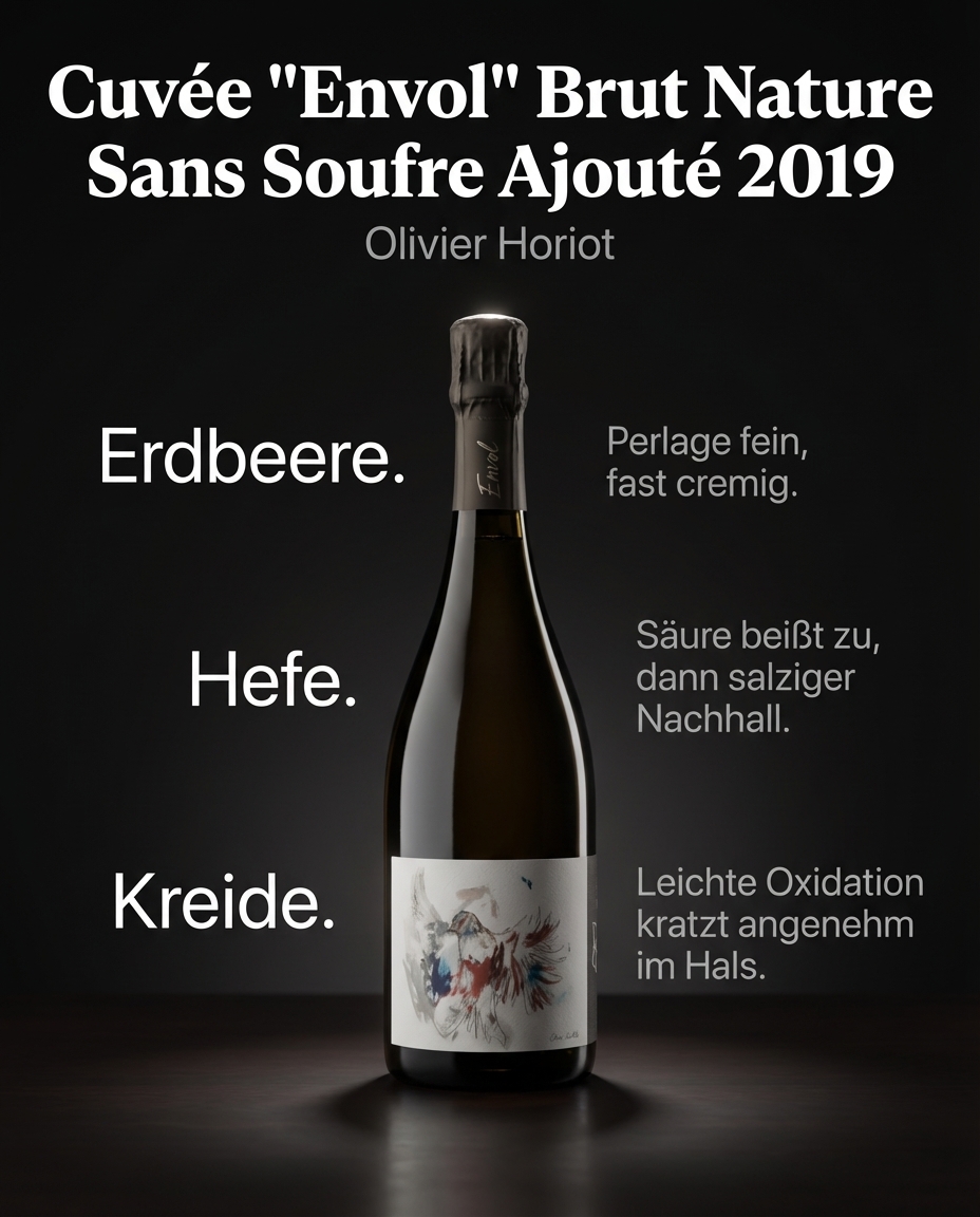 Cuvée "Envol" Brut Nature Sans Soufre Ajouté 2019 — Erdbeere. Hefe. Kreide. Perlage fein, fast cremig. Säure beißt zu, dann salziger Nachhall. Leichte Oxidation kratzt angenehm im Hals.