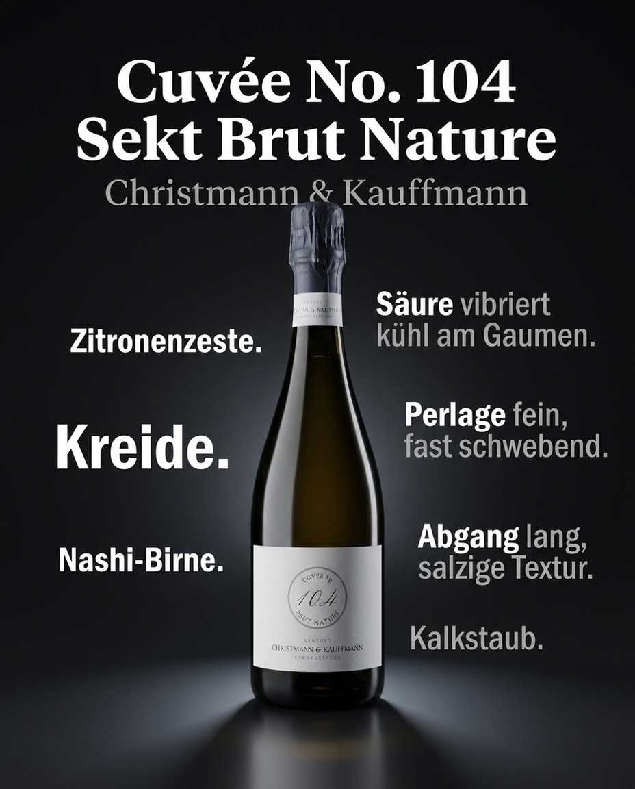 Cuvée No. 104 Sekt Brut Nature — Zitronenzeste. Kreide. Nashi-Birne. Säure vibriert kühl am Gaumen. Perlage fein, fast schwebend. Abgang lang, salzige Textur. Kalkstaub.