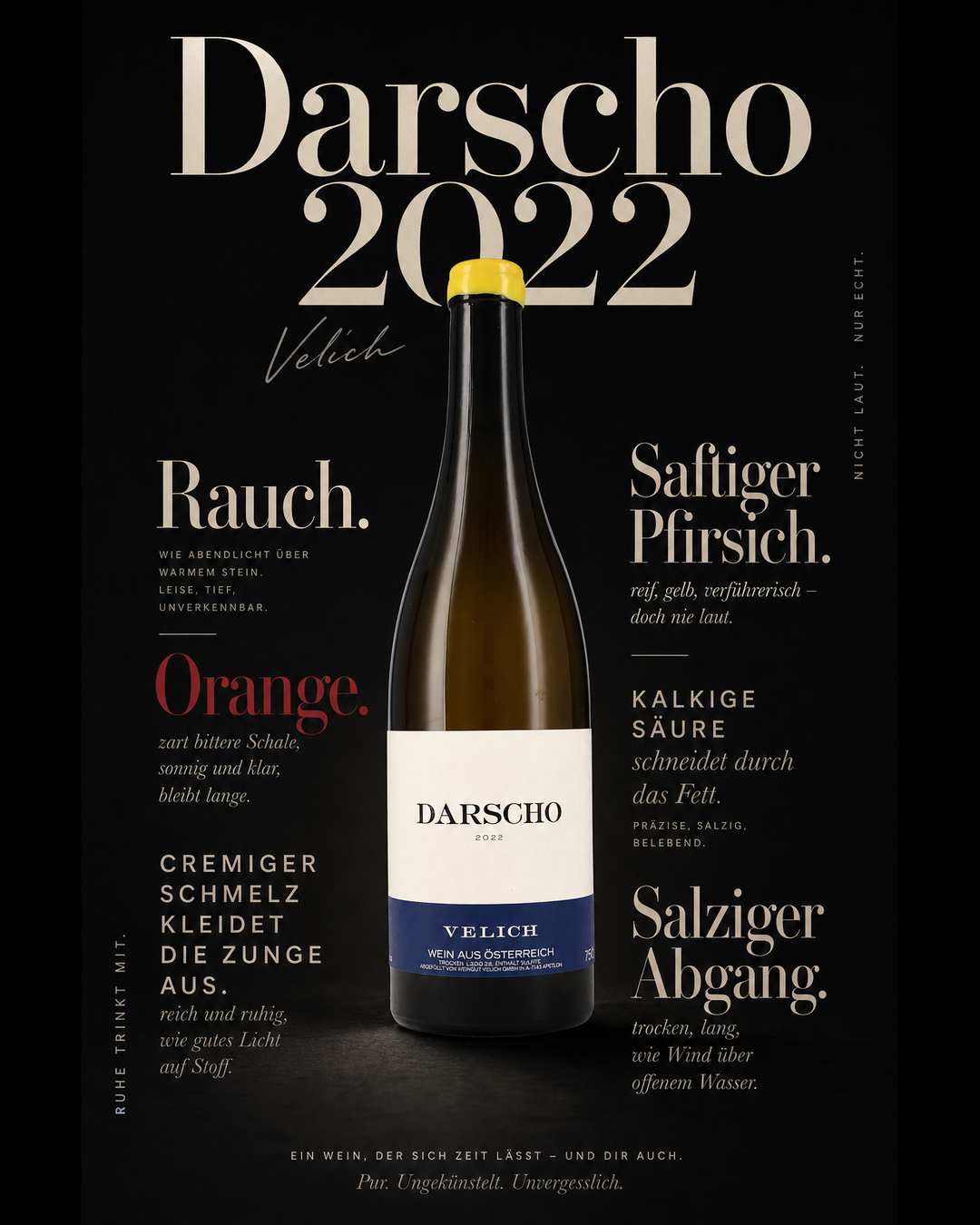 Darscho 2022 — Rauch. Orange. Cremiger Schmelz kleidet die Zunge aus. Saftiger Pfirsich. Kalkige Säure schneidet durch das Fett. Salziger Abgang.
