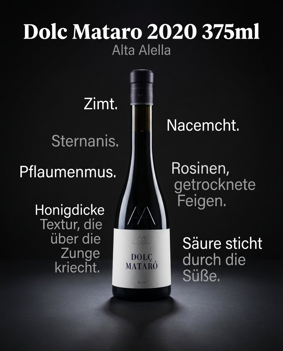 Dolc Mataro 2020 375ml — Zimt. Sternanis. Pflaumenmus. Honigdicke Textur, die über die Zunge kriecht. Rosinen, getrocknete Feigen. Säure sticht durch die Süße.