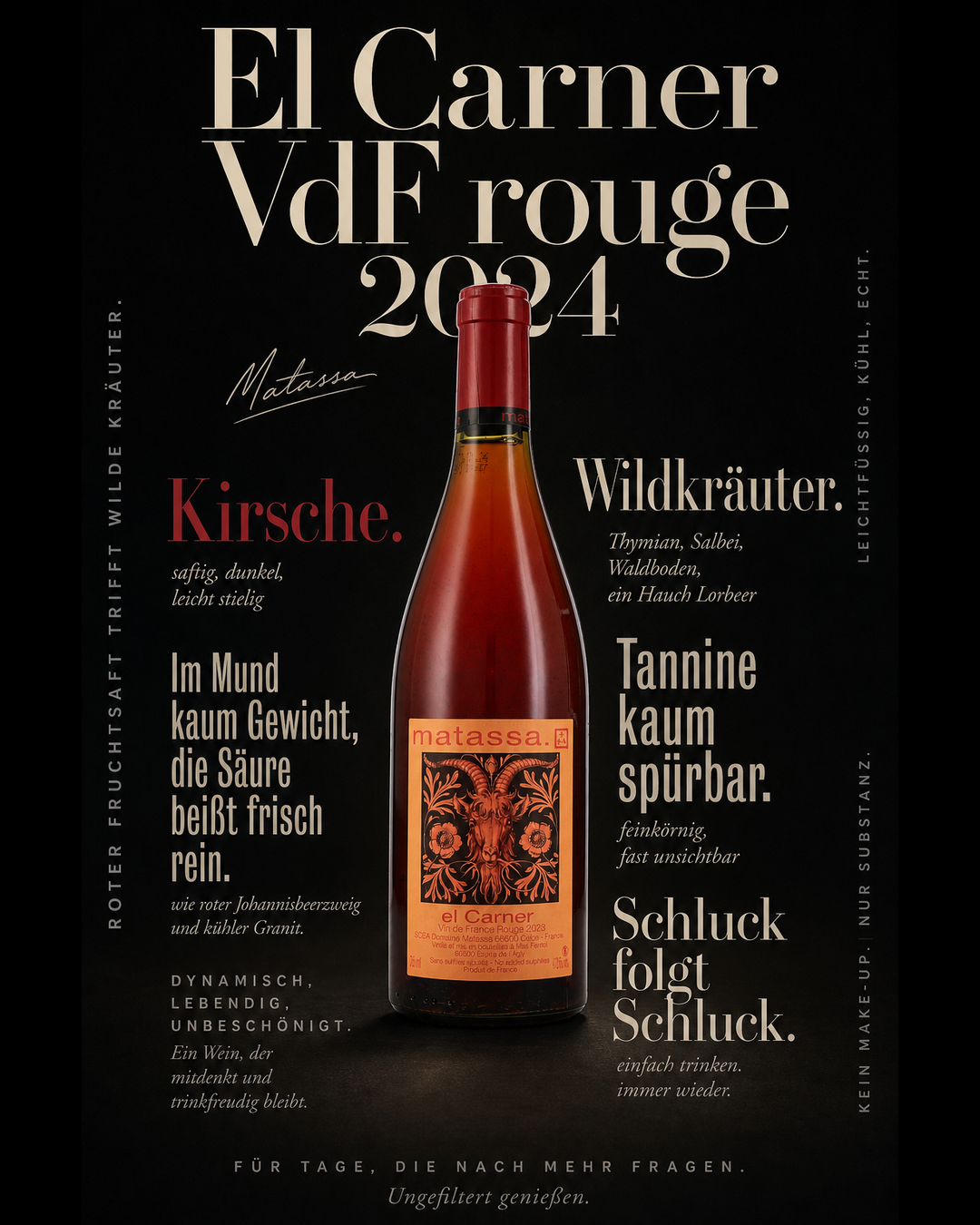 El Carner VdF rouge 2024 — Kirsche. Wildkräuter. Im Mund kaum Gewicht, die Säure beißt frisch rein. Tannine kaum spürbar. Schluck folgt Schluck.