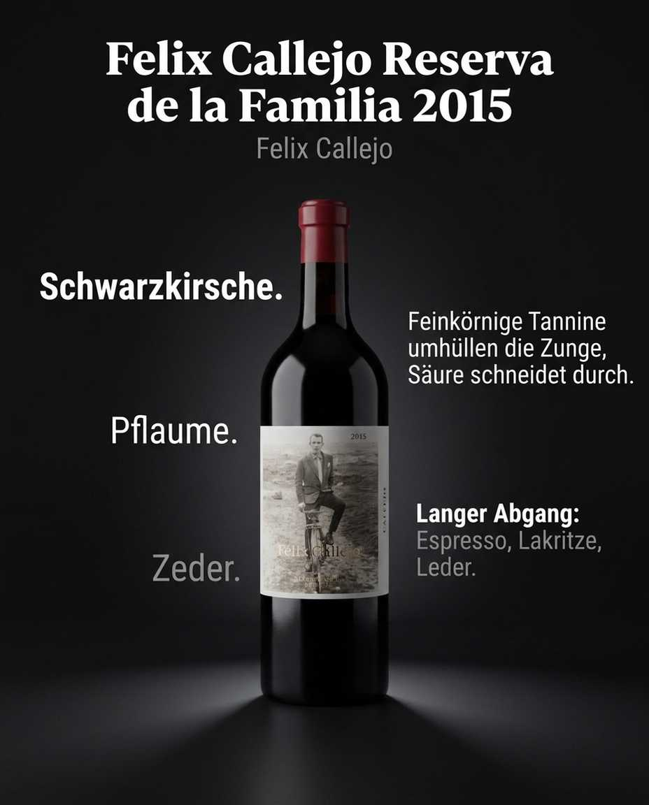 Felix Callejo Reserva de la Familia 2015 — Schwarzkirsche. Pflaume. Zeder. Feinkörnige Tannine umhüllen die Zunge, Säure schneidet durch. Langer Abgang: Espresso, Lakritze, Leder.