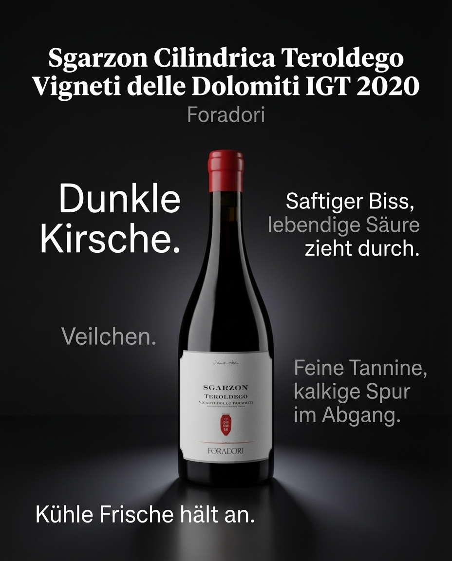 Sgarzon Cilindrica Teroldego Vigneti delle Dolomiti IGT 2020 — Dunkle Kirsche. Veilchen. Saftiger Biss, lebendige Säure zieht durch. Feine Tannine, kalkige Spur im Abgang. Kühle Frische hält an.