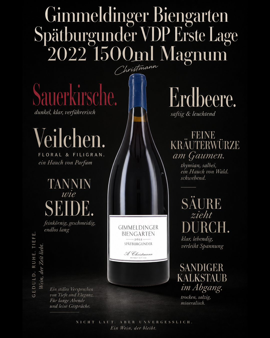 Gimmeldinger Biengarten Spätburgunder VDP Erste Lage 2022 1500ml Magnum — Sauerkirsche. Erdbeere. Veilchen. Feine Kräuterwürze am Gaumen. Tannin wie Seide. Säure zieht durch. Sandiger Kalkstaub im Abgang.