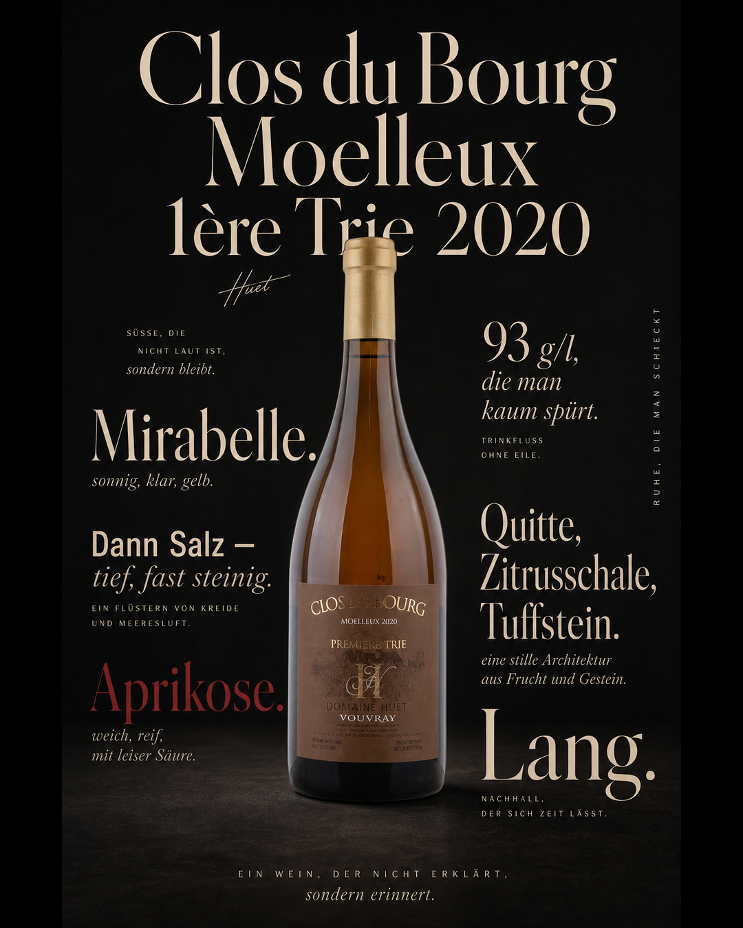 Clos du Bourg Moelleux 1ère Trie  2020 — Mirabelle. Aprikose. Dann Salz — tief, fast steinig. 93 g/l, die man kaum spürt. Quitte, Zitrusschale, Tuffstein. Lang.