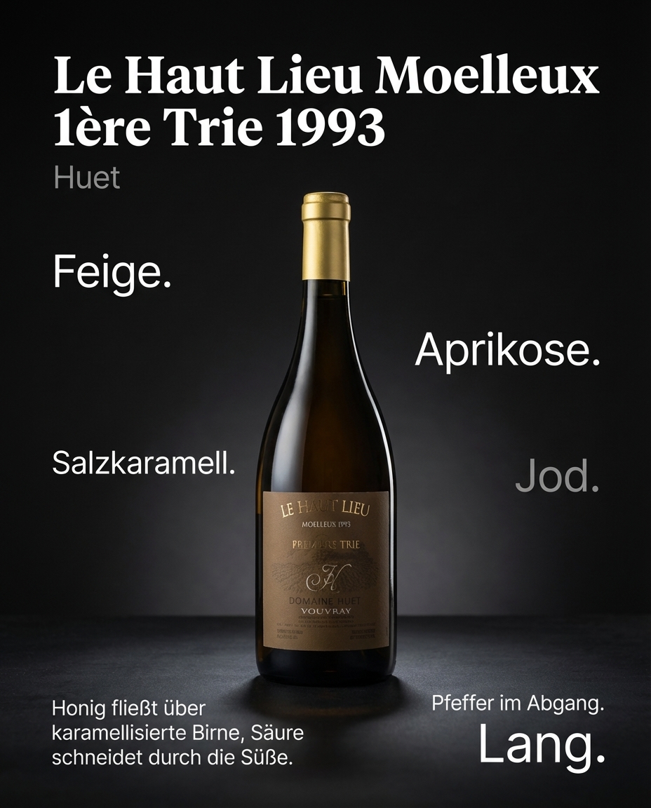 Le Haut Lieu Moelleux 1ère Trie 1993 — Feige. Aprikose. Salzkaramell. Jod. Honig fließt über karamellisierte Birne, Säure schneidet durch die Süße. Pfeffer im Abgang. Lang.