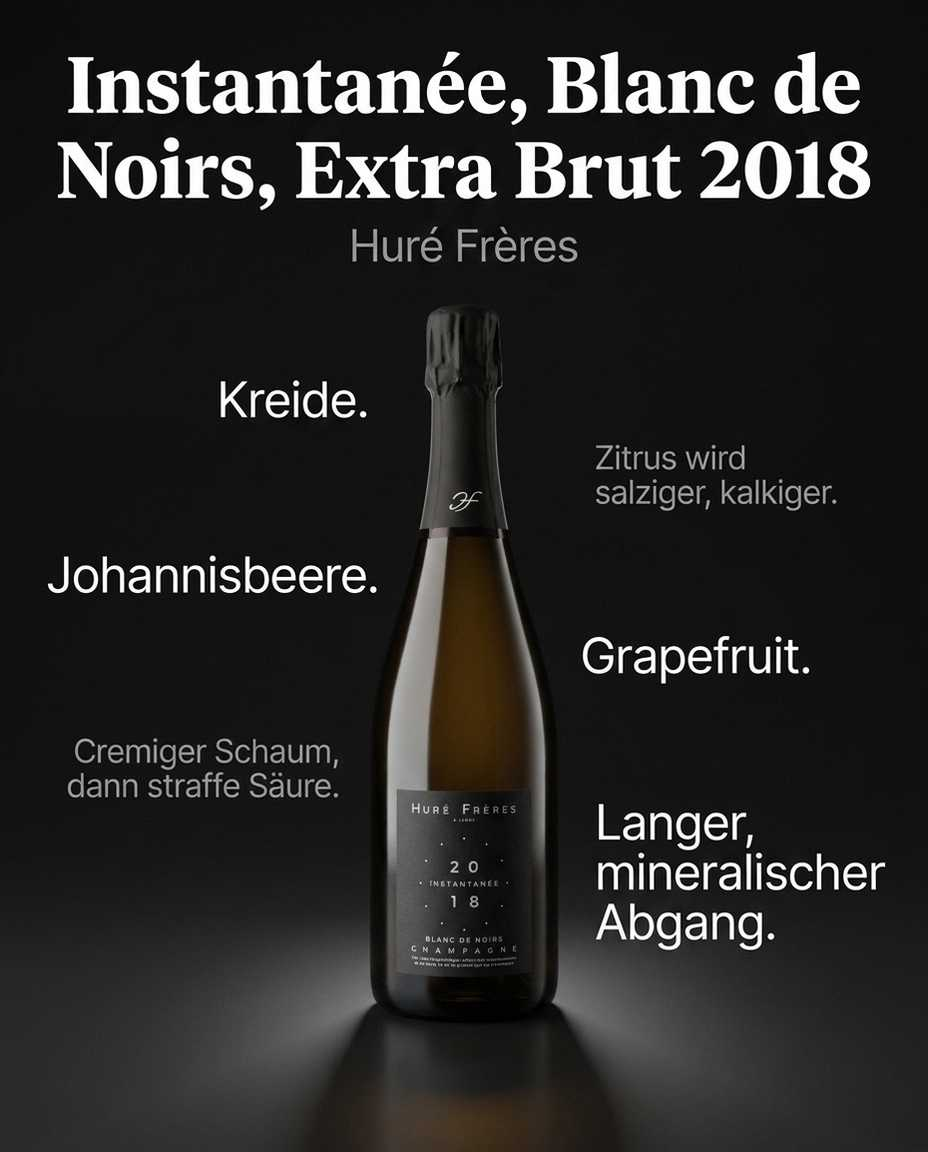 Instantanée, Blanc de Noirs, Extra Brut 2018 — Johannisbeere. Grapefruit. Kreide. Cremiger Schaum, dann straffe Säure. Zitrus wird salziger, kalkiger. Langer, mineralischer Abgang.