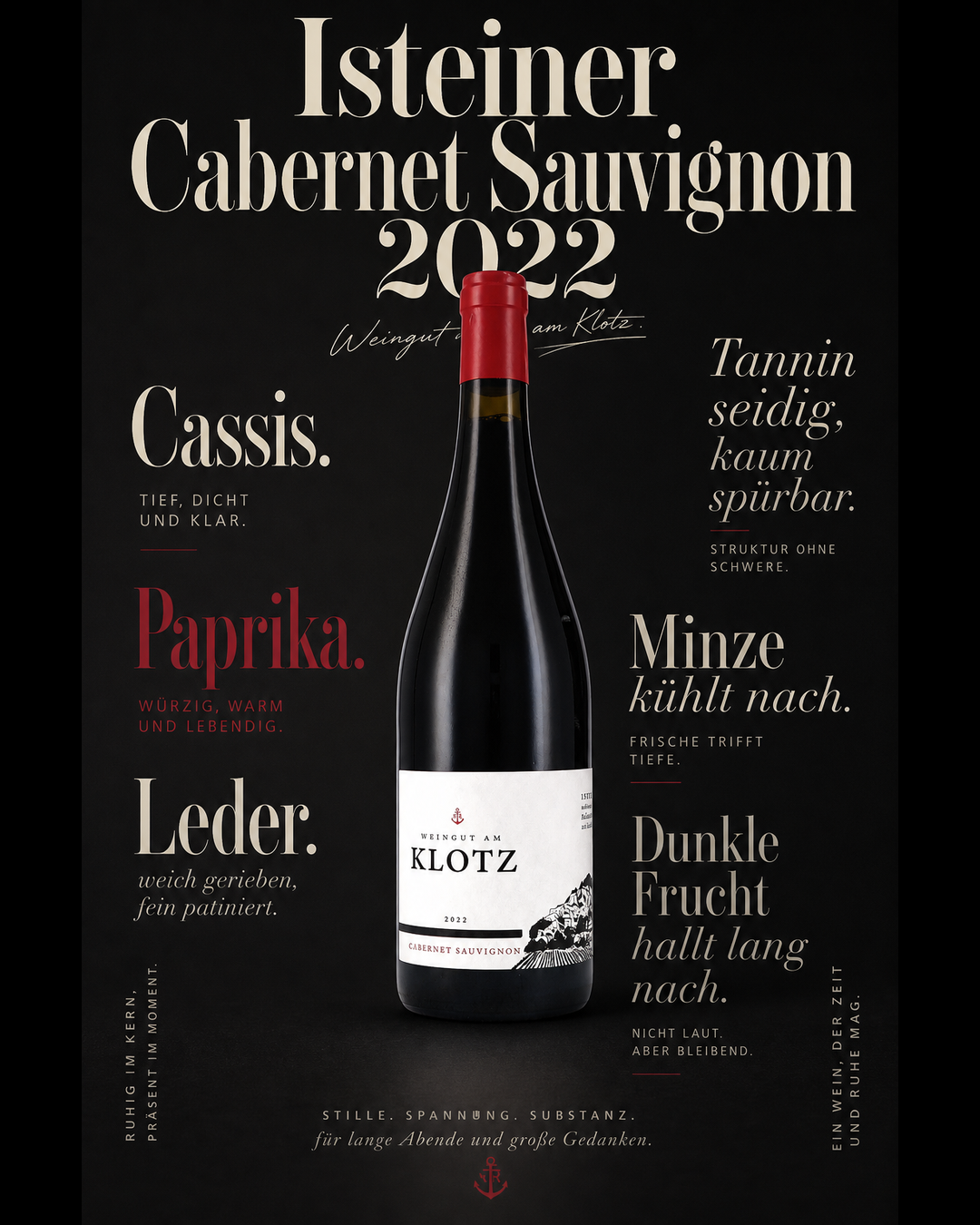 Isteiner Cabernet Sauvignon 2022 — Cassis. Paprika. Leder. Tannin seidig, kaum spürbar. Minze kühlt nach. Dunkle Frucht hallt lang nach.