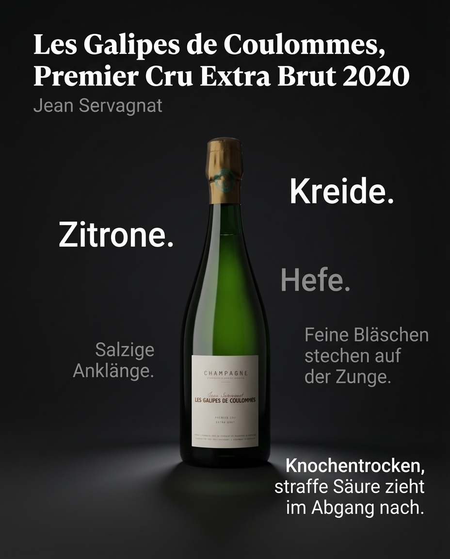 Les Galipes de Coulommes, Premier Cru Extra Brut 2020 — Zitrone. Kreide. Hefe. Feine Bläschen stechen auf der Zunge. Salzige Anklänge. Knochentrocken, straffe Säure zieht im Abgang nach.