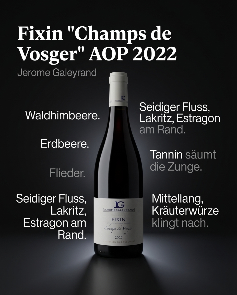 Fixin "Champs de Vosger" AOP 2022 — Waldhimbeere. Erdbeere. Flieder. Seidiger Fluss, Lakritz, Estragon am Rand. Tannin säumt die Zunge. Mittellang, Kräuterwürze klingt nach.
