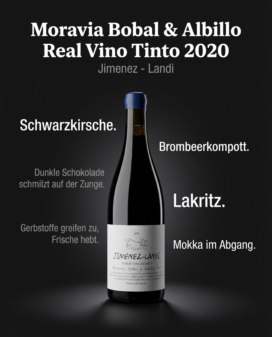 Moravia Bobal & Albillo Real Vino Tinto 2020 — Schwarzkirsche. Brombeerkompott. Dunkle Schokolade schmilzt auf der Zunge. Gerbstoffe greifen zu, Frische hebt. Lakritz. Mokka im Abgang.