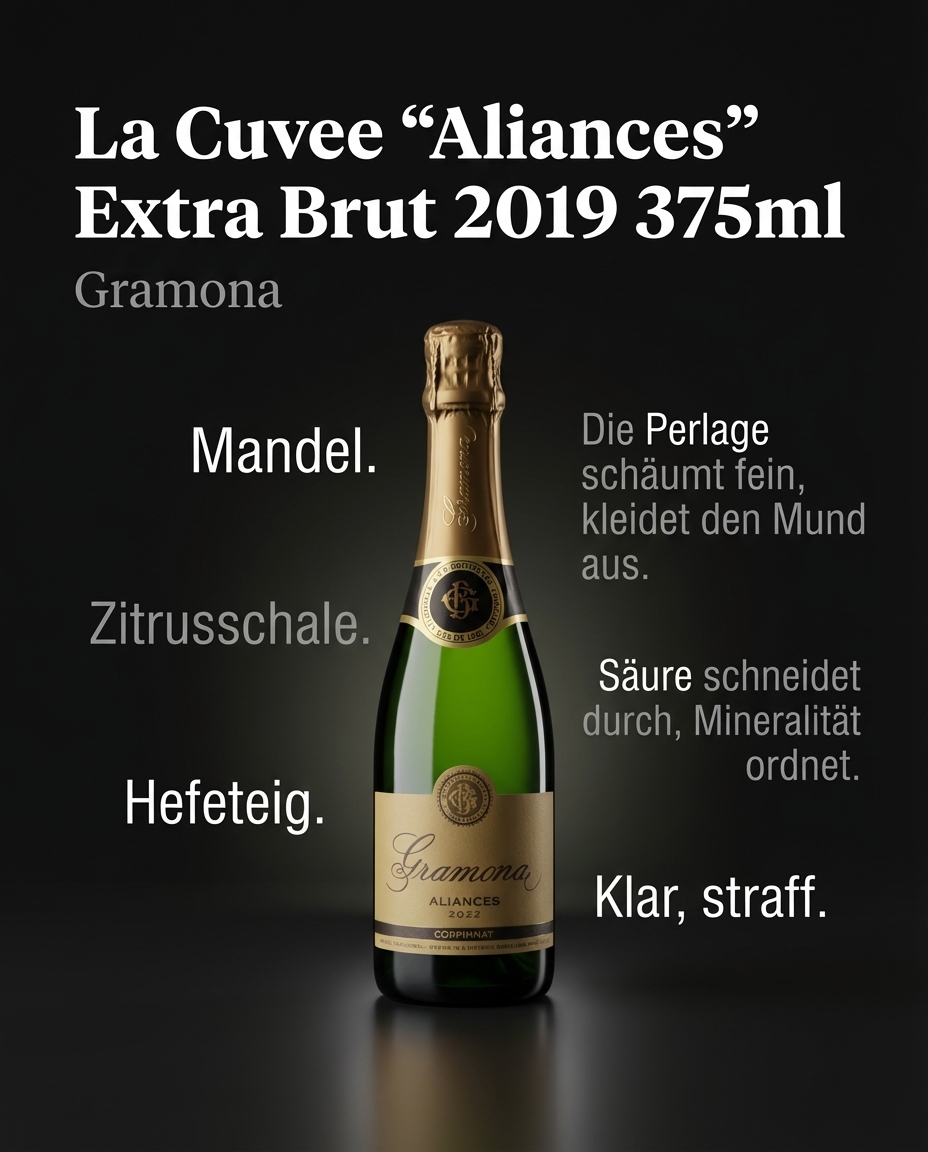 La Cuvee "Aliances" Extra Brut 2019 375ml — Mandel. Zitrusschale. Hefeteig. Die Perlage schäumt fein, kleidet den Mund aus. Säure schneidet durch, Mineralität ordnet. Klar, straff.