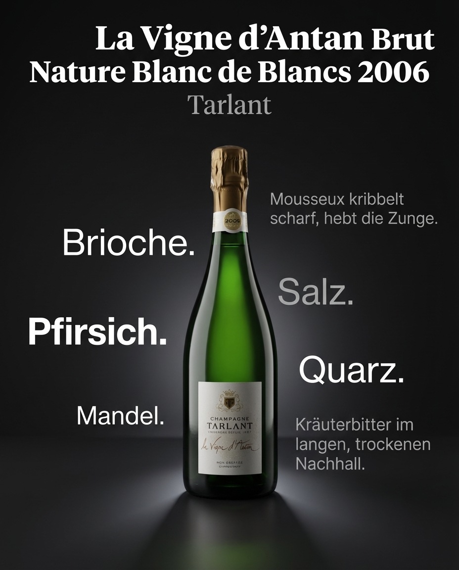 La Vigne d'Antan Brut Nature Blanc de Blancs 2006 — Brioche. Pfirsich. Mandel. Mousseux kribbelt scharf, hebt die Zunge. Salz. Quarz. Kräuterbitter im langen, trockenen Nachhall.