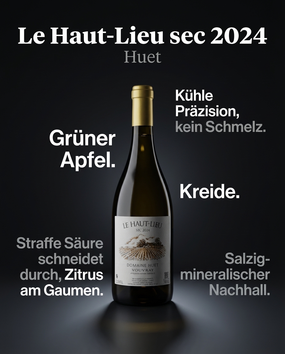 Le Haut-Lieu sec 2024 — Grüner Apfel. Kreide. Straffe Säure schneidet durch, Zitrus am Gaumen. Salzig-mineralischer Nachhall. Kühle Präzision, kein Schmelz.