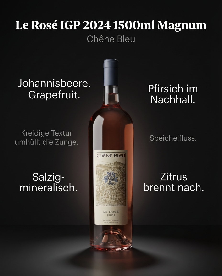 Le Rosé IGP 2024 1500ml Magnum — Johannisbeere. Grapefruit. Kreidige Textur umhüllt die Zunge. Pfirsich im Nachhall. Speichelfluss. Zitrus brennt nach. Salzig-mineralisch.
