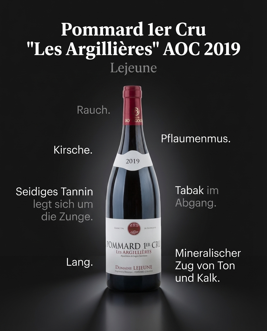 Pommard 1er Cru "Les Argillières" AOC 2019 — Kirsche. Rauch. Pflaumenmus. Seidiges Tannin legt sich um die Zunge. Tabak im Abgang. Mineralischer Zug von Ton und Kalk. Lang.