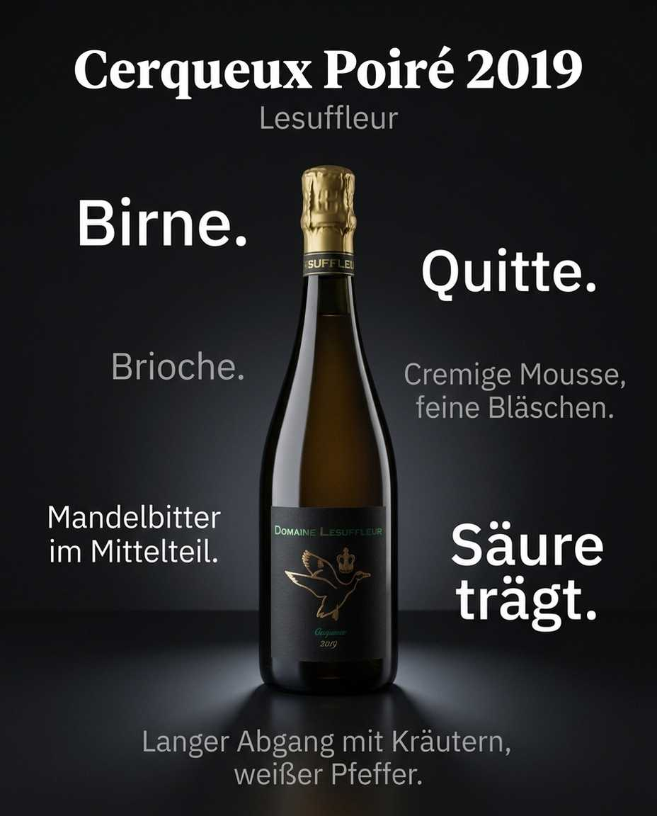 Cerqueux Poiré 2019 — Birne. Quitte. Brioche. Cremige Mousse, feine Bläschen. Mandelbitter im Mittelteil. Säure trägt. Langer Abgang mit Kräutern, weißer Pfeffer.