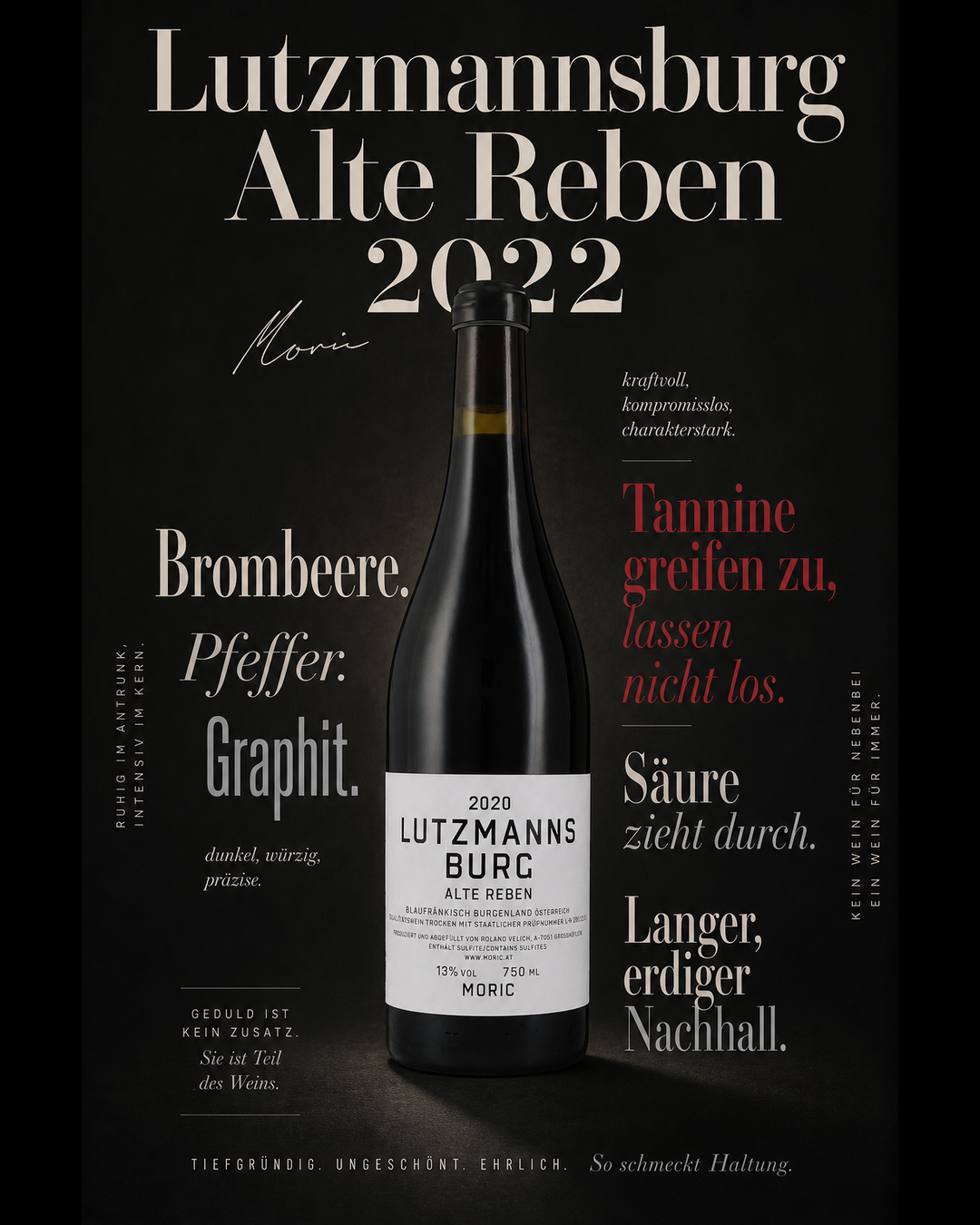 Lutzmannsburg Alte Reben 2022 — Brombeere. Pfeffer. Graphit. Tannine greifen zu, lassen nicht los. Säure zieht durch. Langer, erdiger Nachhall.