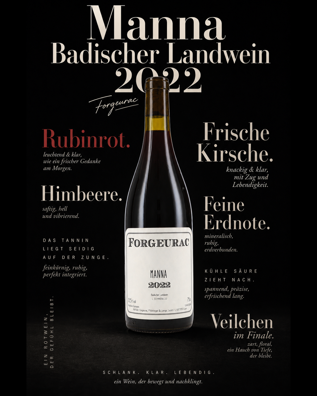 Manna Badischer Landwein 2022 — Rubinrot. Himbeere. Frische Kirsche. Das Tannin liegt seidig auf der Zunge. Feine Erdnote. Kühle Säure zieht nach. Veilchen im Finale.
