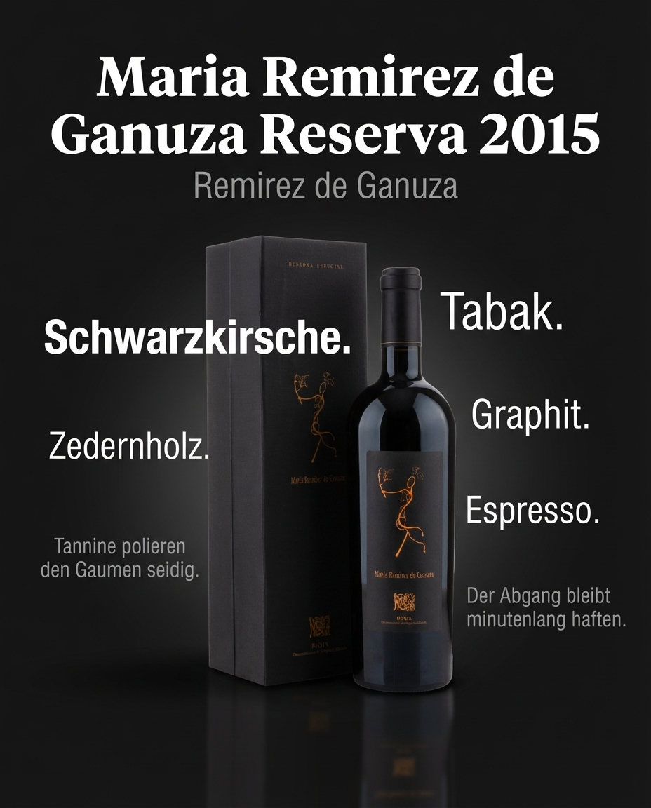 Maria Remirez de Ganuza Reserva 2015 — Schwarzkirsche. Zedernholz. Tabak. Tannine polieren den Gaumen seidig. Graphit. Espresso. Der Abgang bleibt minutenlang haften.