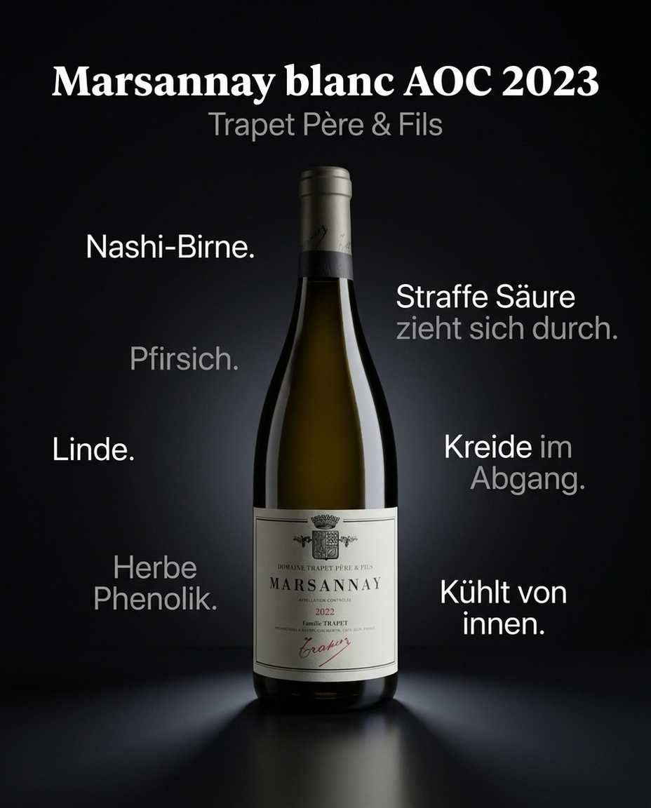 Marsannay blanc AOC 2023 — Nashi-Birne. Pfirsich. Linde. Straffe Säure zieht sich durch. Herbe Phenolik. Kreide im Abgang. Kühlt von innen.