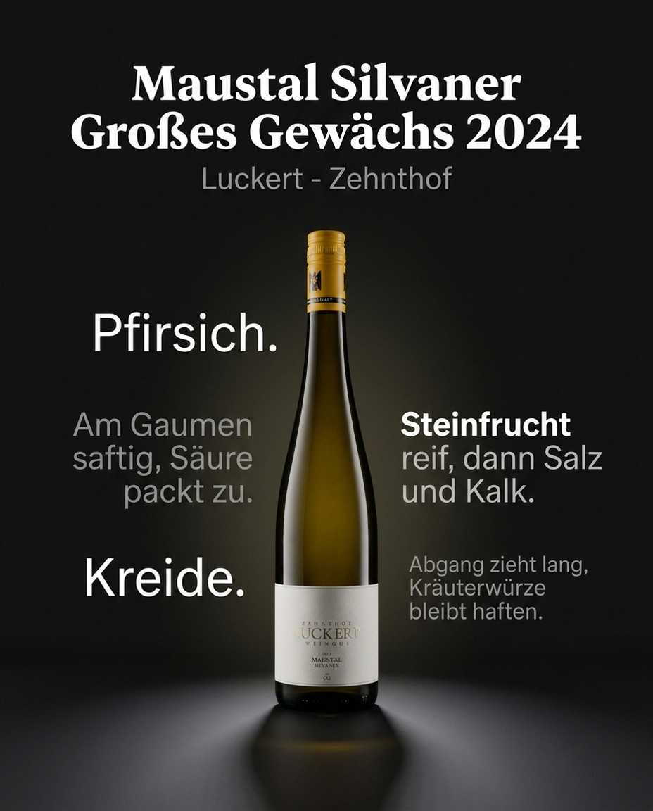 Maustal Silvaner Großes Gewächs 2024 — Pfirsich. Kreide. Am Gaumen saftig, Säure packt zu. Steinfrucht reif, dann Salz und Kalk. Abgang zieht lang, Kräuterwürze bleibt haften.