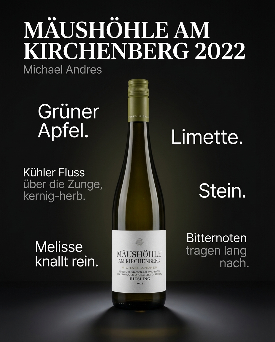 Mäushöhle am Kirchenberg 2022 — Grüner Apfel. Limette. Melisse knallt rein. Kühler Fluss über die Zunge, kernig-herb. Stein. Bitternoten tragen lang nach.