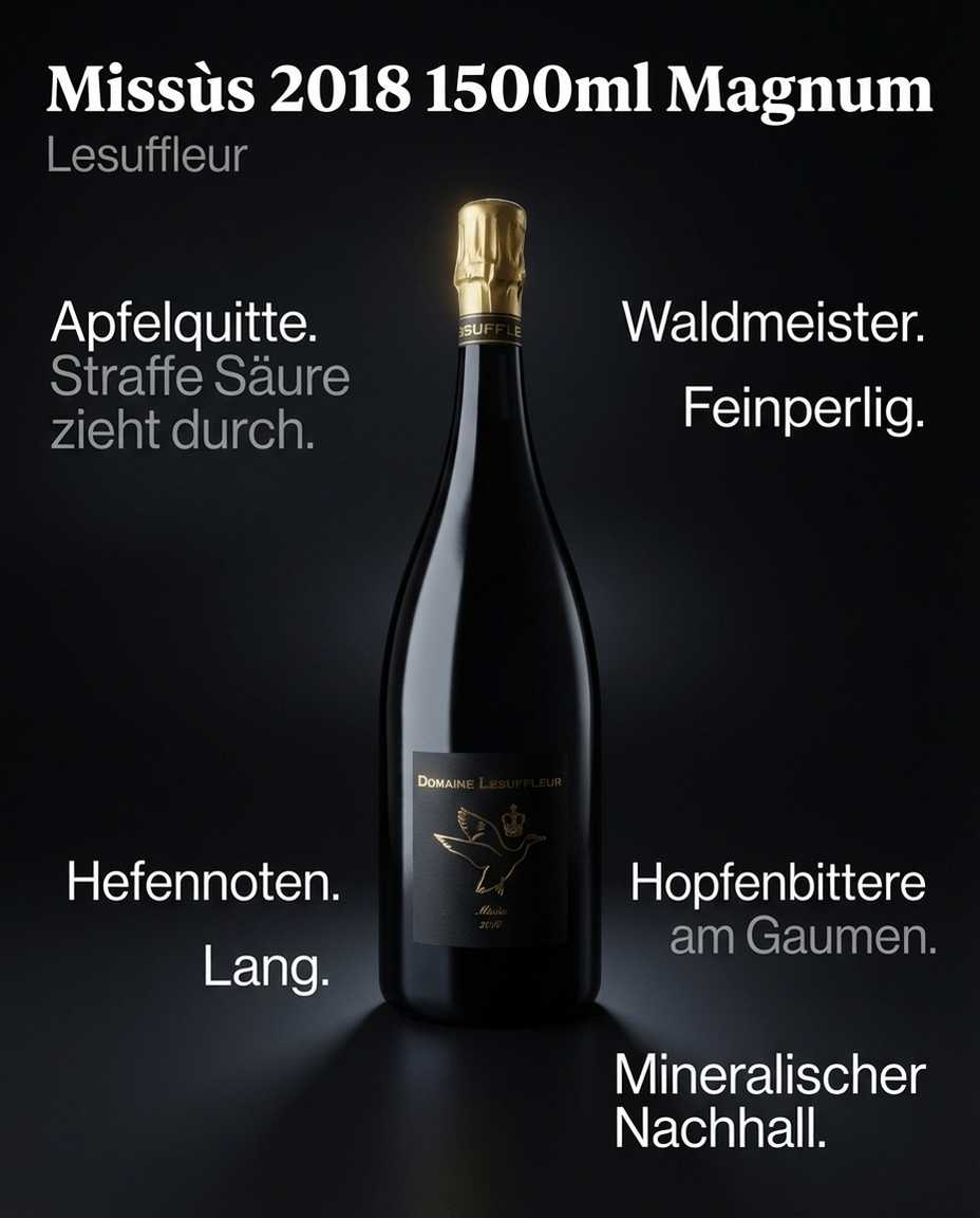 Missùs 2018 1500ml Magnum — Apfelquitte. Waldmeister. Straffe Säure zieht durch. Feinperlig. Hopfenbittere am Gaumen. Mineralischer Nachhall. Hefenoten. Lang.