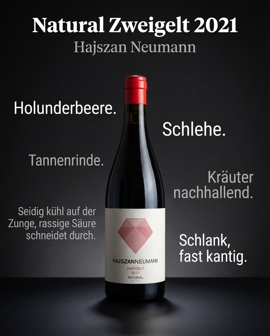Natural Zweigelt 2021 — Holunderbeere. Schlehe. Tannenrinde. Seidig kühl auf der Zunge, rassige Säure schneidet durch. Kräuter nachhallend. Schlank, fast kantig.