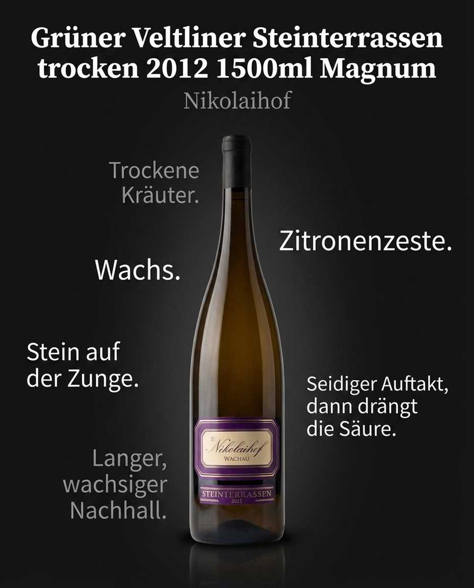 Grüner Veltliner Steinterrassen trocken 2012 1500ml Magnum — Wachs. Zitronenzeste. Trockene Kräuter. Seidiger Auftakt, dann drängt die Säure. Stein auf der Zunge. Langer, wachsiger Nachhall.
