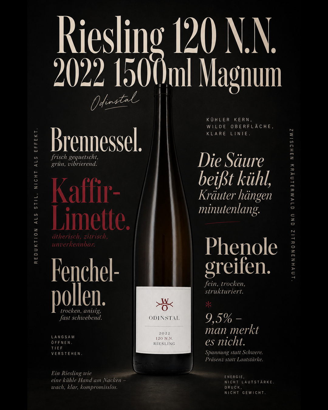 Riesling 120 N.N. 2022 1500ml Magnum — Brennessel. Kaffir-Limette. Fenchelpollen. Die Säure beißt kühl, Kräuter hängen minutenlang. Phenole greifen. 9,5% – man merkt es nicht.