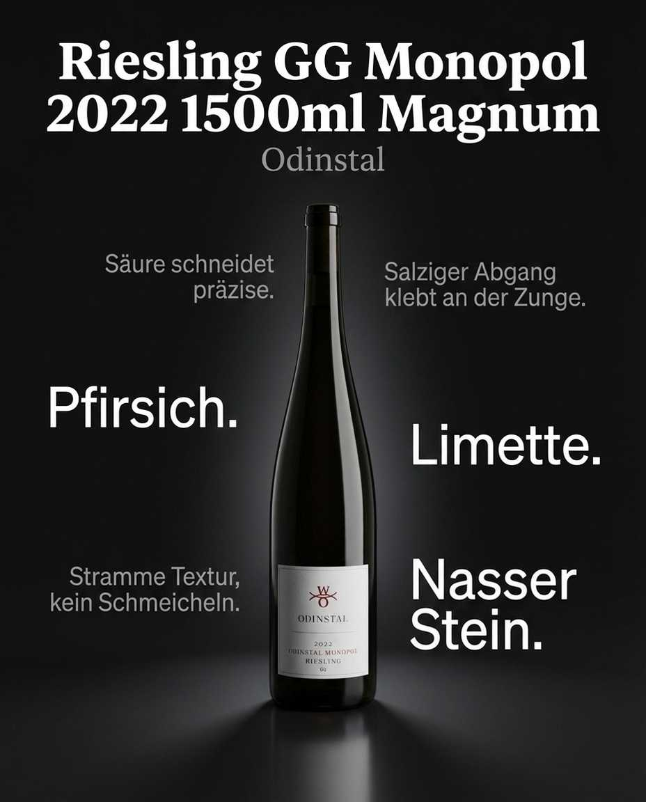 Riesling GG Monopol 2022 1500ml Magnum — Pfirsich. Limette. Nasser Stein. Säure schneidet präzise. Salziger Abgang klebt an der Zunge. Stramme Textur, kein Schmeicheln.