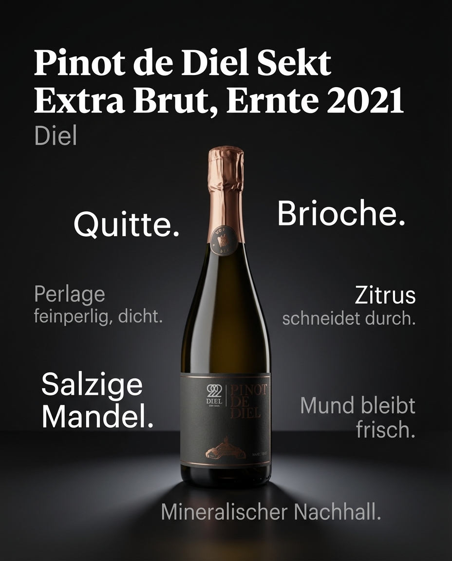 Pinot de Diel Sekt Extra Brut, Ernte 2021 — Quitte. Brioche. Salzige Mandel. Perlage feinperlig, dicht. Zitrus schneidet durch. Mineralischer Nachhall. Mund bleibt frisch.