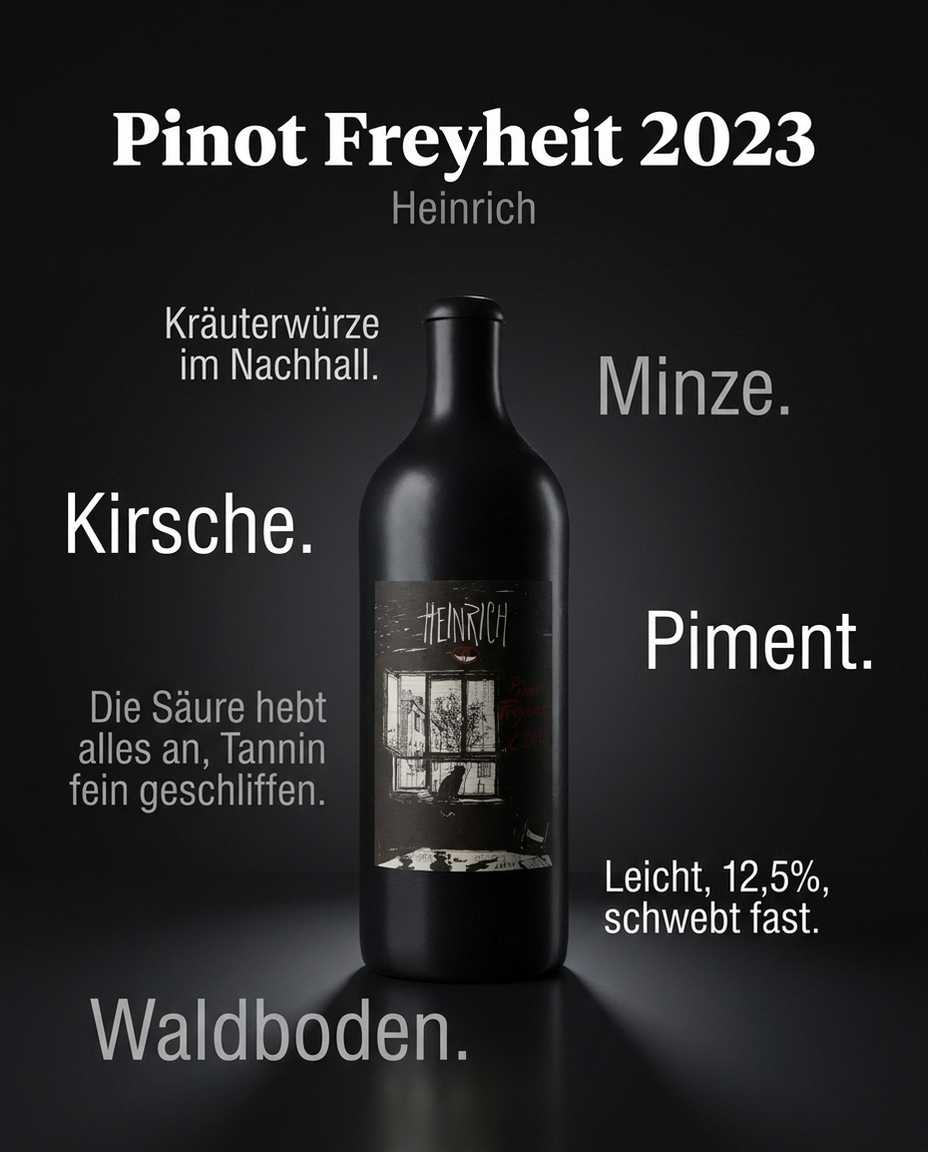 Pinot Freyheit 2023 — Kirsche. Minze. Waldboden. Piment. Die Säure hebt alles an, Tannin fein geschliffen. Leicht, 12,5%, schwebt fast. Kräuterwürze im Nachhall.