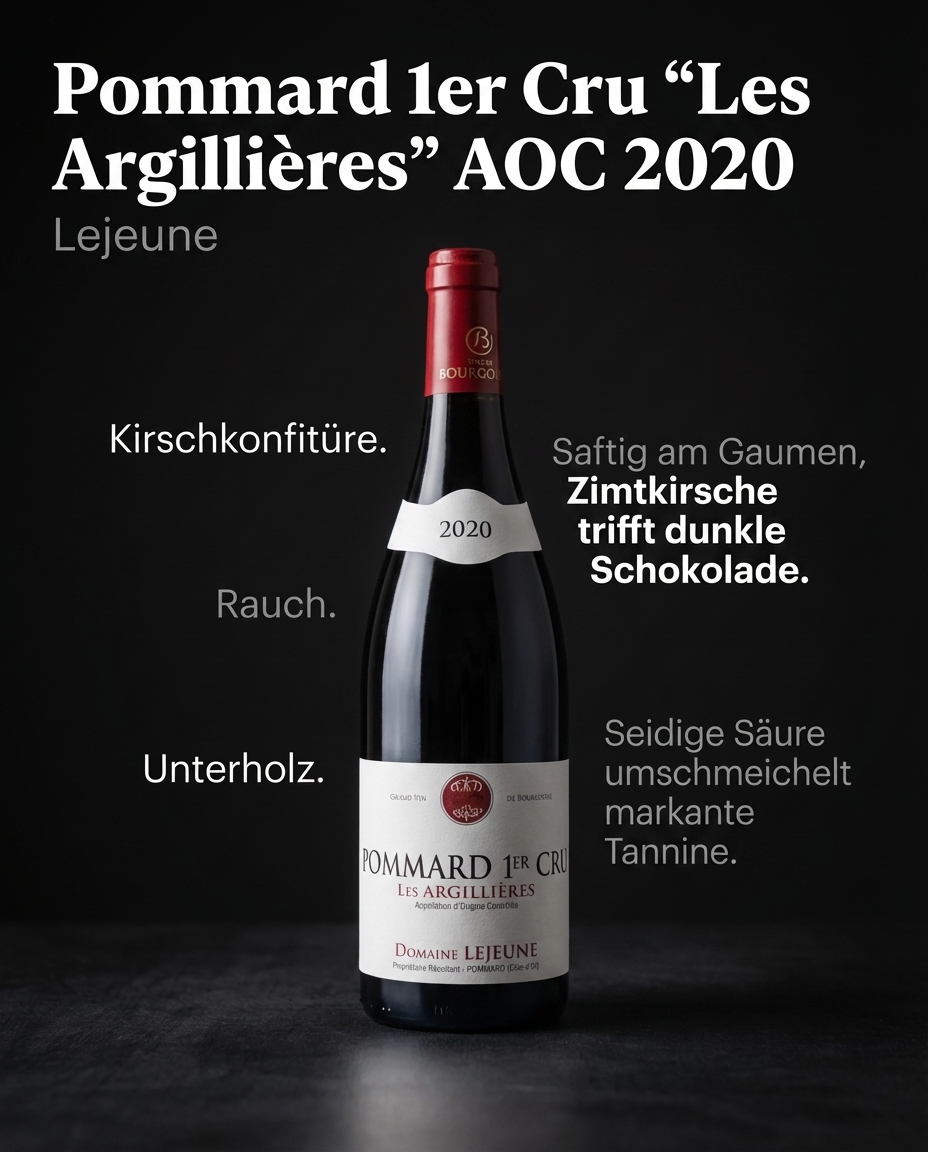 Pommard 1er Cru "Les Argillières" AOC 2020 — Kirschkonfitüre. Rauch. Unterholz. Saftig am Gaumen, Zimtkirsche trifft dunkle Schokolade. Seidige Säure umschmeichelt markante Tannine.