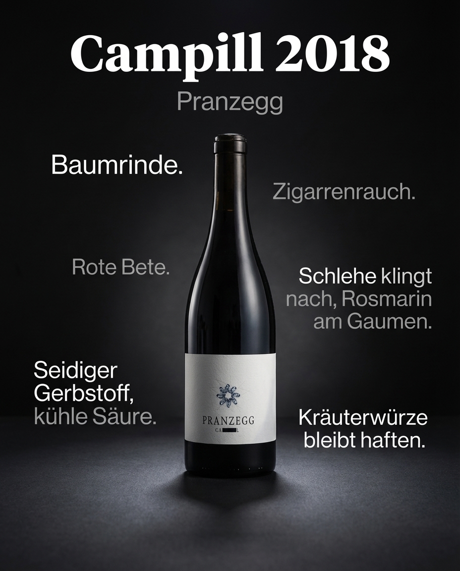 Campill 2018 — Baumrinde. Zigarrenrauch. Rote Bete. Schlehe klingt nach, Rosmarin am Gaumen. Seidiger Gerbstoff, kühle Säure. Kräuterwürze bleibt haften.