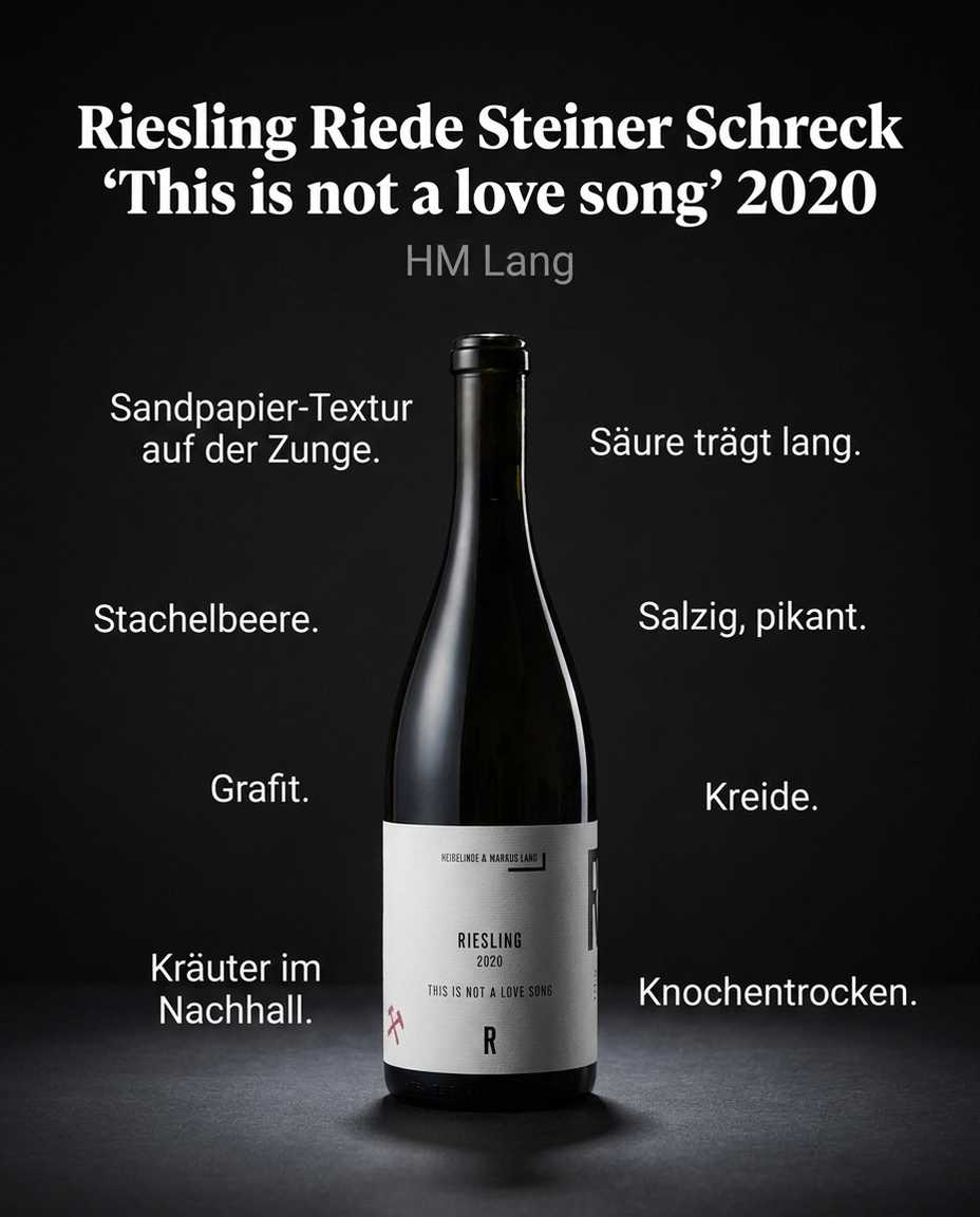 Riesling Riede Steiner Schreck "This is not a love song" 2020 — Stachelbeere. Grafit. Kreide. Sandpapier-Textur auf der Zunge. Salzig, pikant. Säure trägt lang. Kräuter im Nachhall. Knochentrocken.