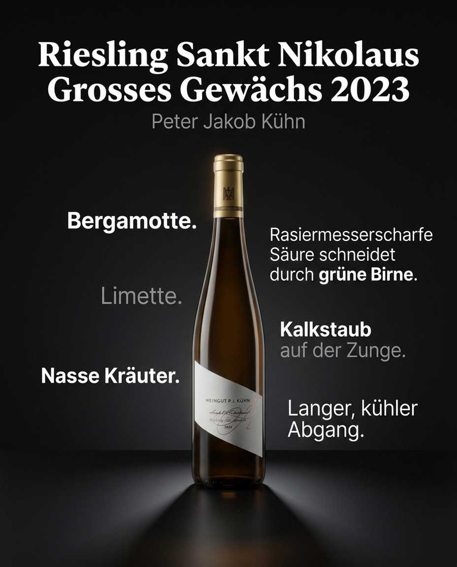 Riesling Sankt Nikolaus Grosses Gewächs 2023 — Bergamotte. Limette. Nasse Kräuter. Rasiermesserscharfe Säure schneidet durch grüne Birne. Kalkstaub auf der Zunge. Langer, kühler Abgang.