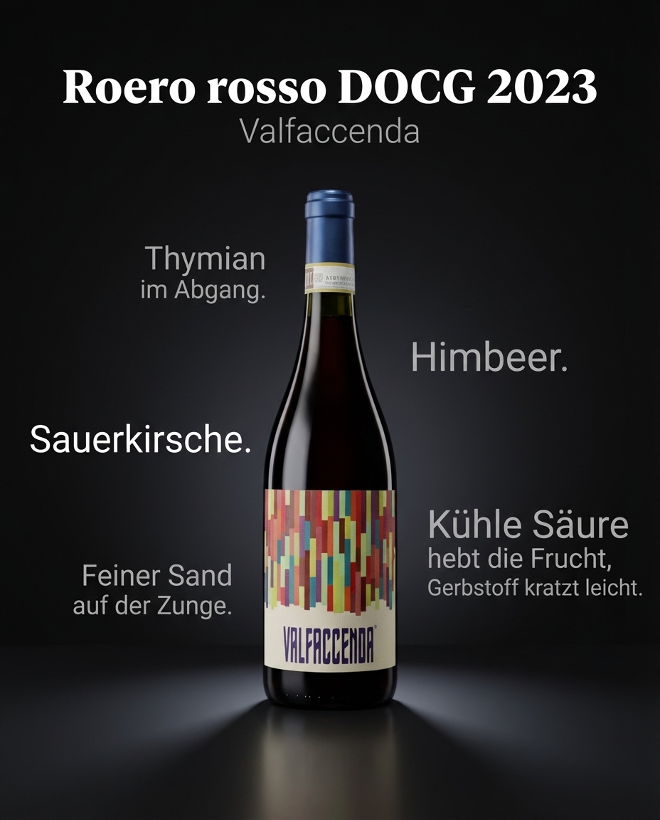 Roero rosso DOCG 2023 — Sauerkirsche. Himbeer. Feiner Sand auf der Zunge. Kühle Säure hebt die Frucht, Gerbstoff kratzt leicht. Thymian im Abgang.