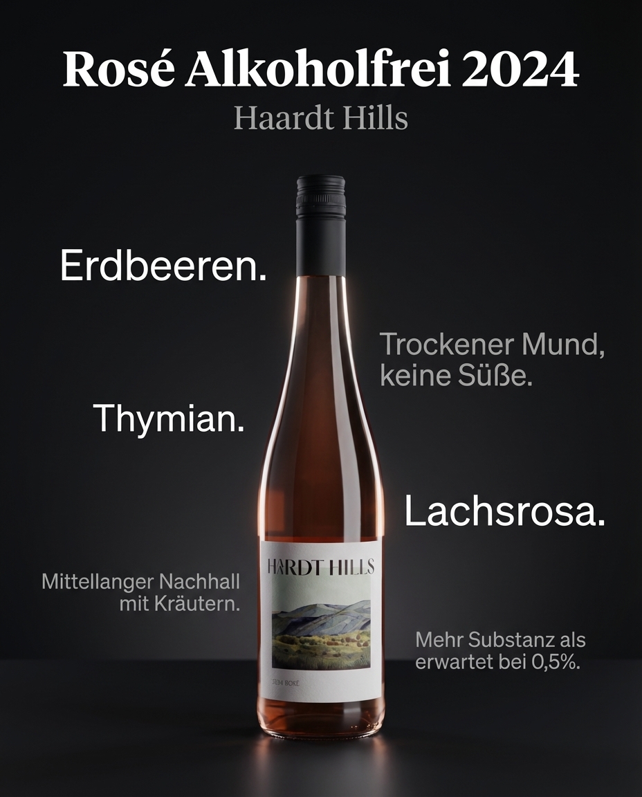 Rosé Alkoholfrei 2024 — Erdbeeren. Thymian. Trockener Mund, keine Süße. Mittellanger Nachhall mit Kräutern. Lachsrosa. Mehr Substanz als erwartet bei 0,5%.